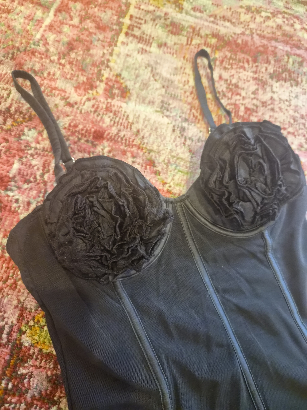 Fleur du Mal Black Floral-Appliqué Bustier Mini Dress